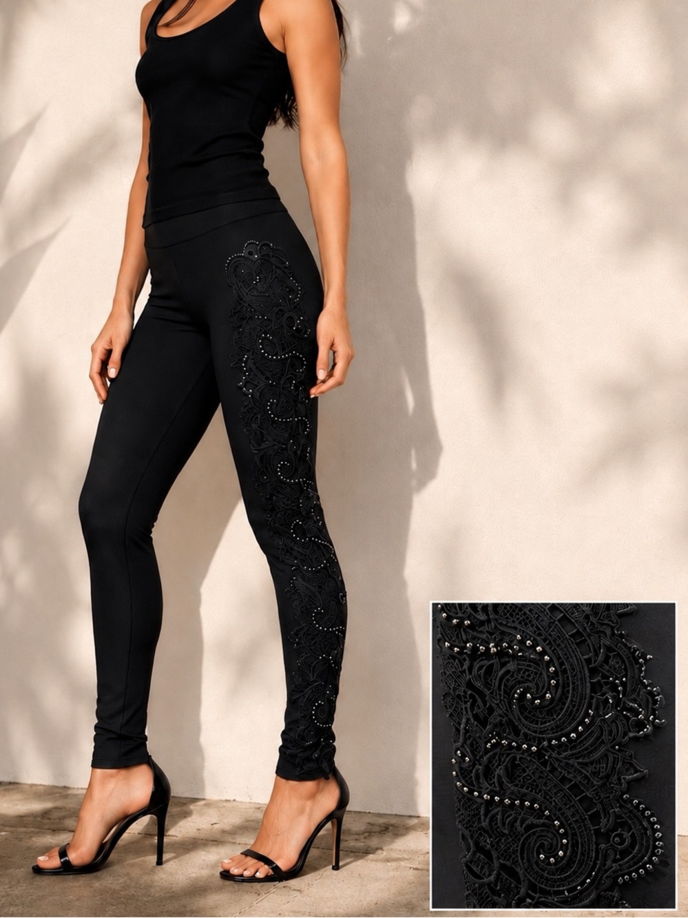 NWT BrazilRoxx Stud Baroque Lace Glam Black Leggings Ponte Pants $148 Designer